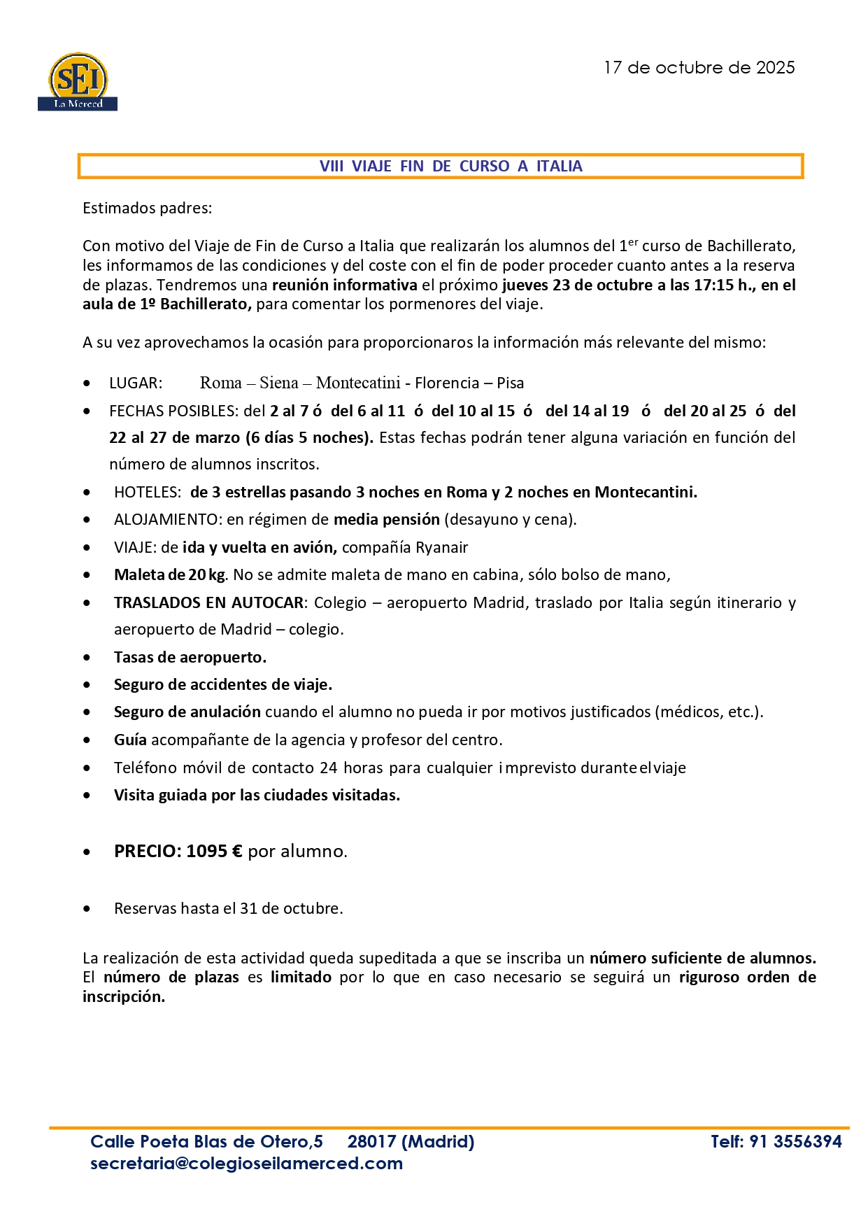VIAJE FIN DE CURSO 1º BACHILLERATO ITALIA